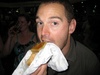 Paul enjoys half sausage roll at the Beer Festival (Jo in the background).  The other half fell on the floor ....