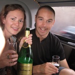 Gini and Paul drinking some sparkles in the Limmo on the way to the V Festival.