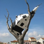 This lucky cow escaped certain death by being caught by a tree.
