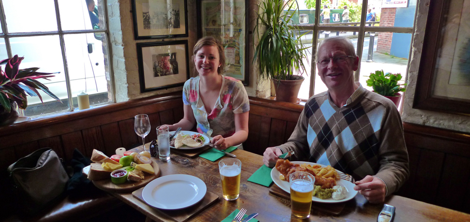 At the pub with Uncle Peter chowing down on our meals