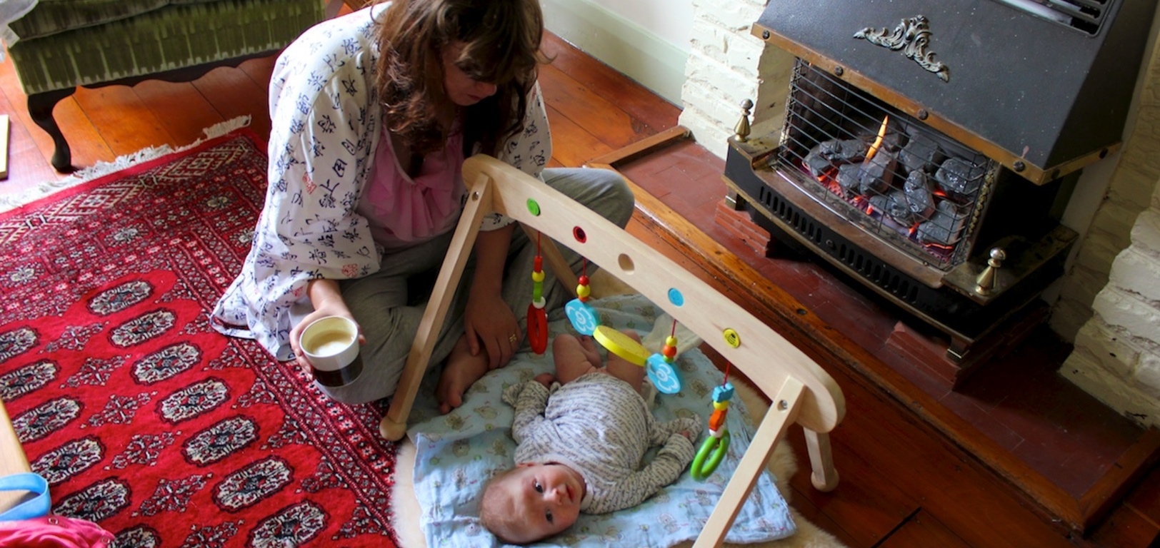 Morning playtime in front of the heater.