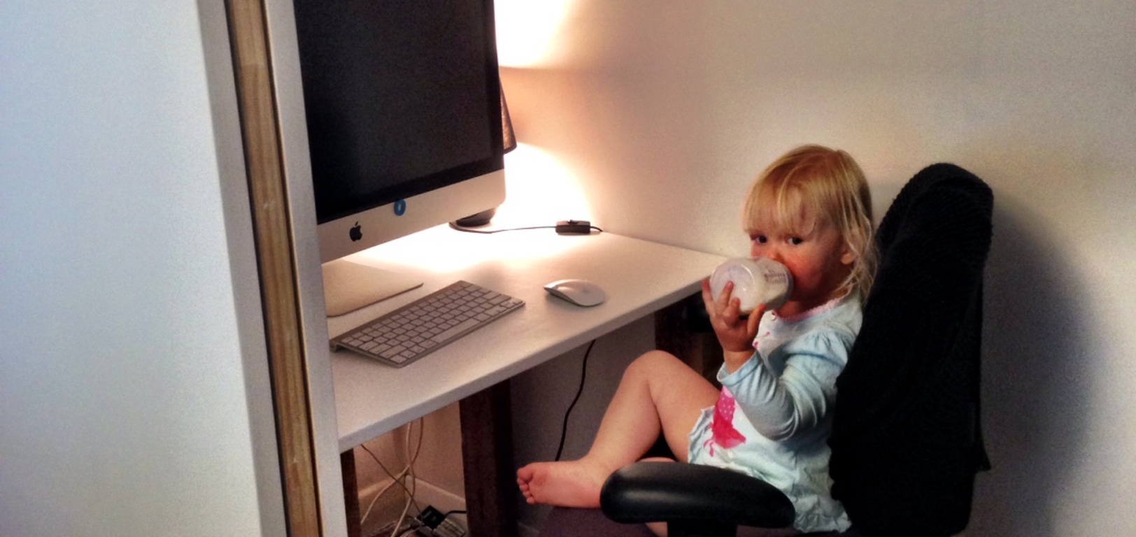 My office nook is slowing taking shape. Lights? Wallpaper? Shelves? Desk? Still a wee way to go! Olive enjoyed 'working' in mama's chair.