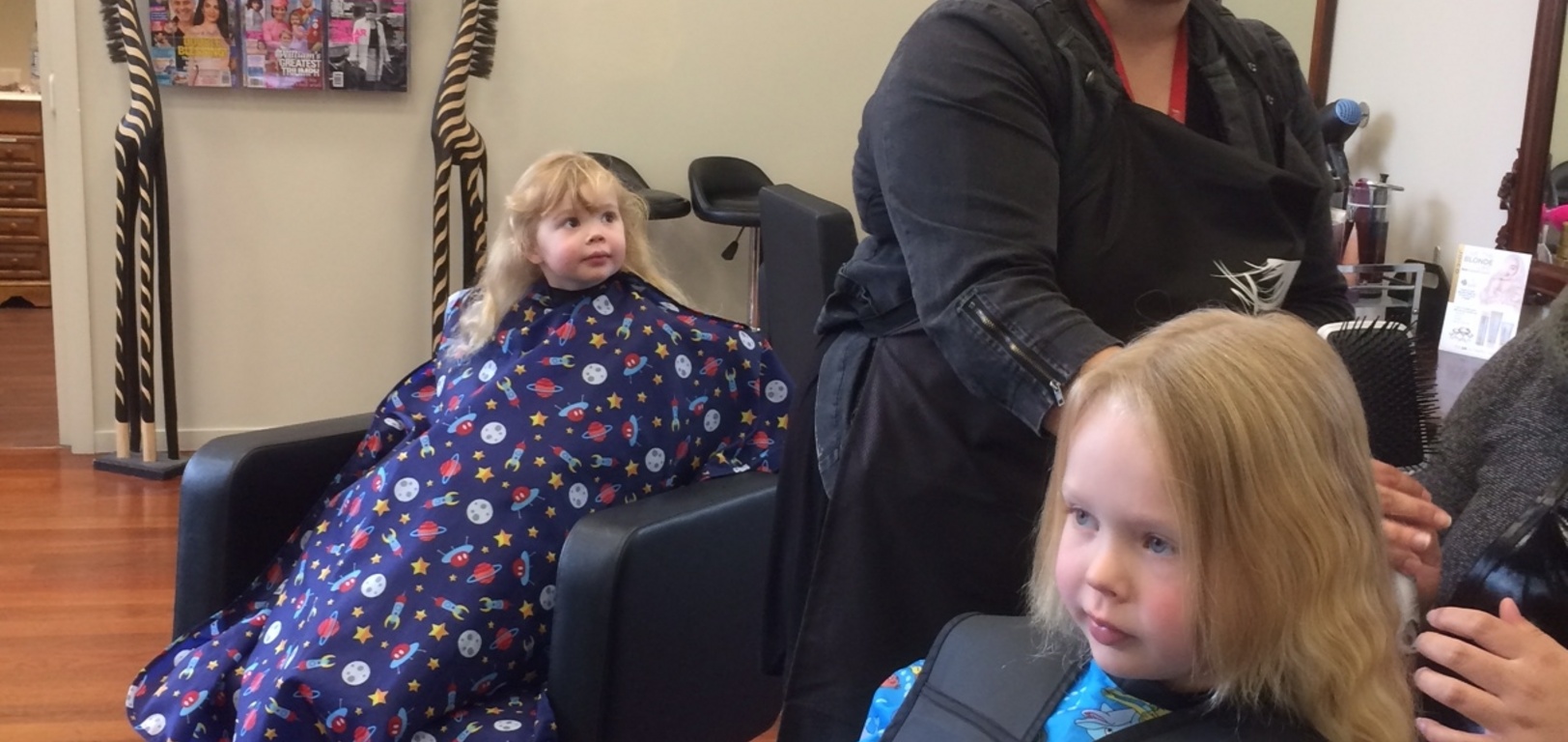 First paid haircuts, iris stated "I don't want to be a boy" concerned if her hair was cut short she would then be a boy. Bonus plaits after. Another 3kiddy outing tick!