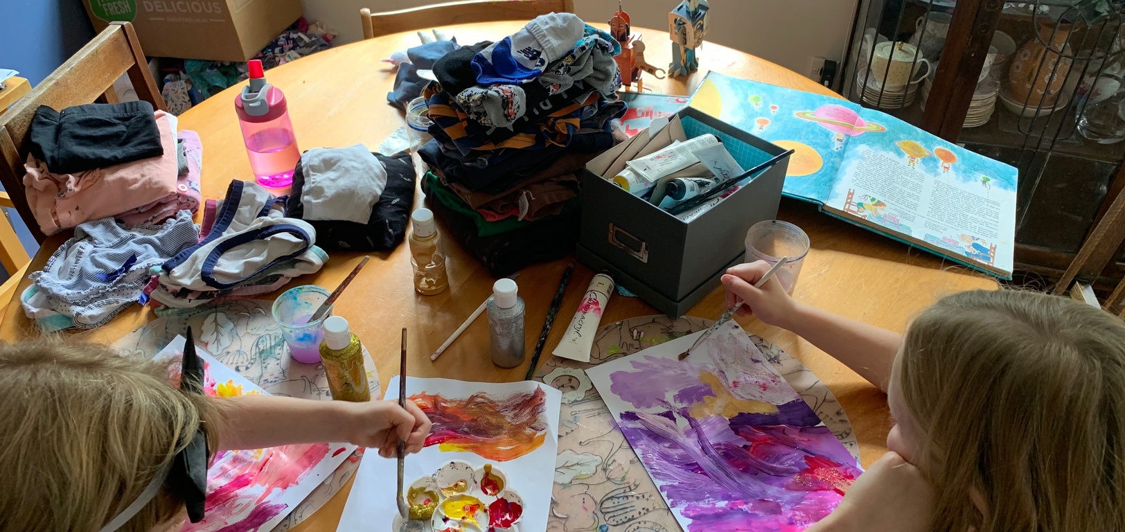 Lockdown day thirty one: rainbow hair complete. Started our painted planets and had a sleepover in the caravan... got a bit awkward when juni asked where her cot was... need to improve the bed shortage! Loved playing shadow puppets before bed.