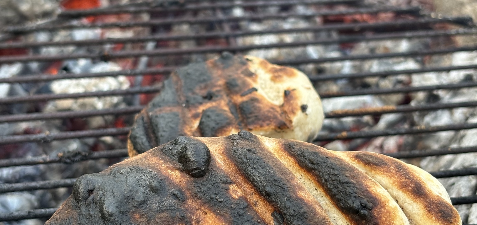 Sausages and bread cooked over the fire for dinner with marshmallows and honey, chocolate bread for dessert.