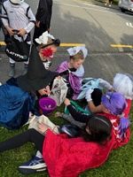 All hallows eve. Every year it gets better in friend st. Some wicked adult costumes! This year Iris and Olive went off with their friends so it was just buni left!