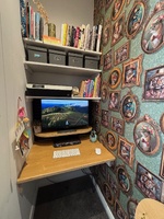 I finally got my desk done after 12 years of having a makeshift one. Decided to re- wallpaper because why not? And made a new crafting table for all.