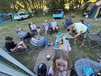 Bbq with fire on the riverbed.