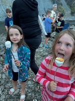 Bbq with fire on the riverbed.