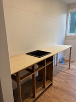 Operation laundry… we finally have three loos. Got the old cabinet working with the sink. Starting to come together slowly.