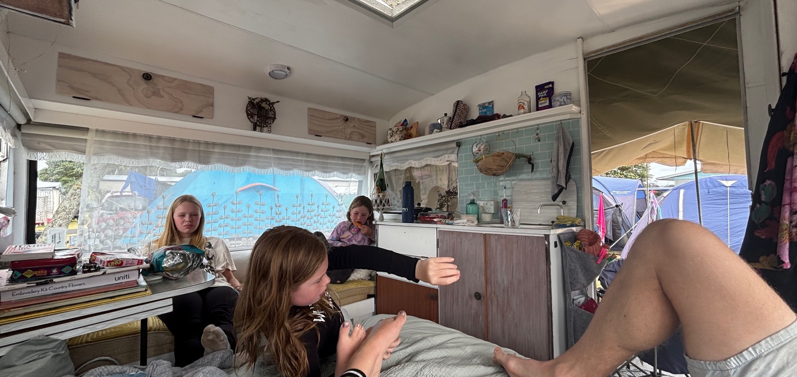 Bridal veil waterfall walk on a rainy, windy day. Followed by raglan roast coffee and hot pools & slides from the 80s. Epic. Juni tried it all! First indoor dinner with home made wraps because of the wind.