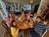 Juniper’s eighth birthday party. Good old fashion string game, drawing on cups, homemade pizza, clue hunt and decorate your cupcake. She had the best time.