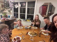 Juniper’s birthday. Yum cake made by Olive, present clue hunt and pancakes and sushi for dinner